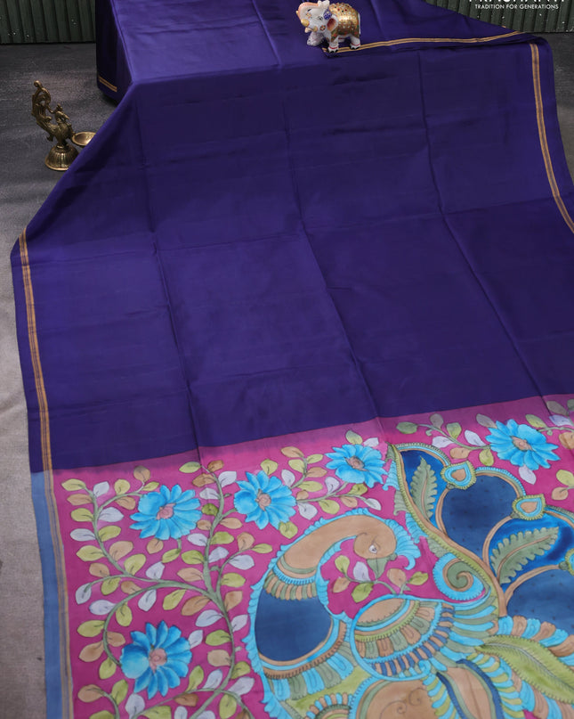 Pure Soft silk saree blue and magenta pink with plain body and hand painted kalamkari pallu