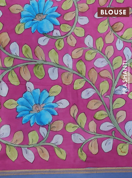 Pure Soft silk saree blue and magenta pink with plain body and hand painted kalamkari pallu