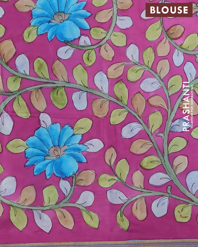 Pure Soft silk saree blue and magenta pink with plain body and hand painted kalamkari pallu