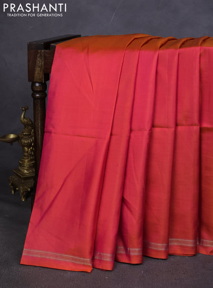 Pure Soft silk saree pinkish orange and pastel green with plain body and hand painted kalamkari pallu