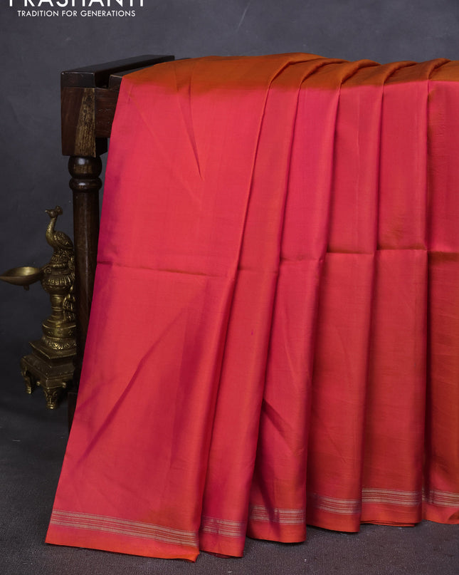 Pure Soft silk saree pinkish orange and pastel green with plain body and hand painted kalamkari pallu