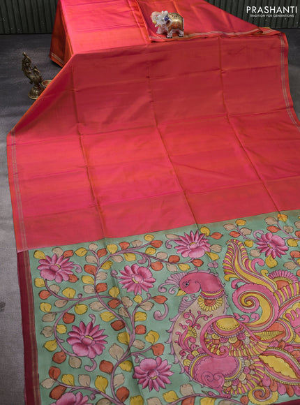Pure Soft silk saree pinkish orange and pastel green with plain body and hand painted kalamkari pallu
