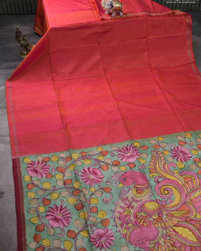 Pure Soft silk saree pinkish orange and pastel green with plain body and hand painted kalamkari pallu