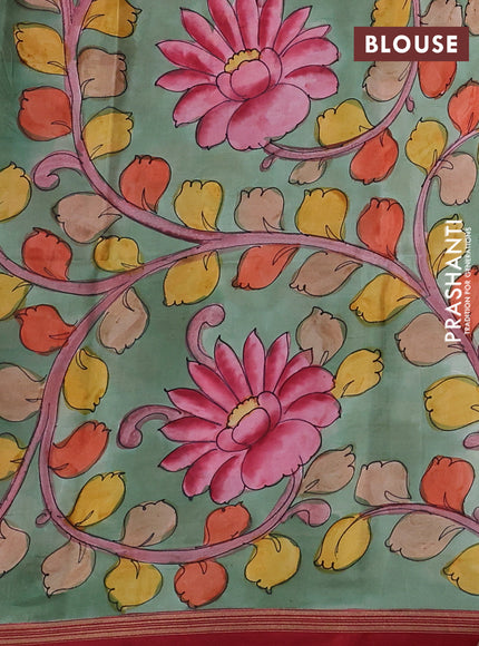 Pure Soft silk saree pinkish orange and pastel green with plain body and hand painted kalamkari pallu