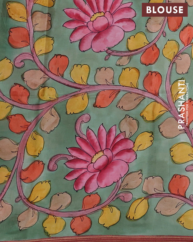 Pure Soft silk saree pinkish orange and pastel green with plain body and hand painted kalamkari pallu