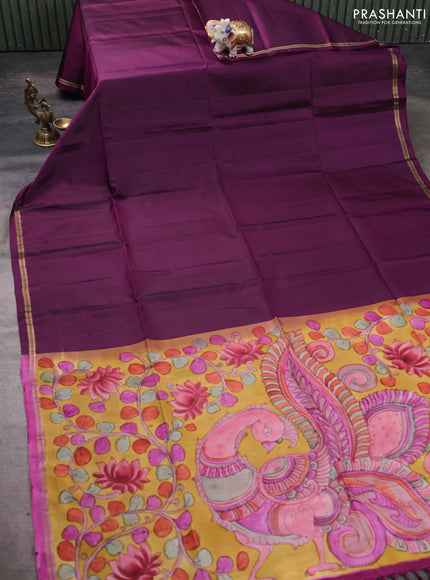 Pure Soft silk saree purple and yellow with plain body and hand painted kalamkari pallu