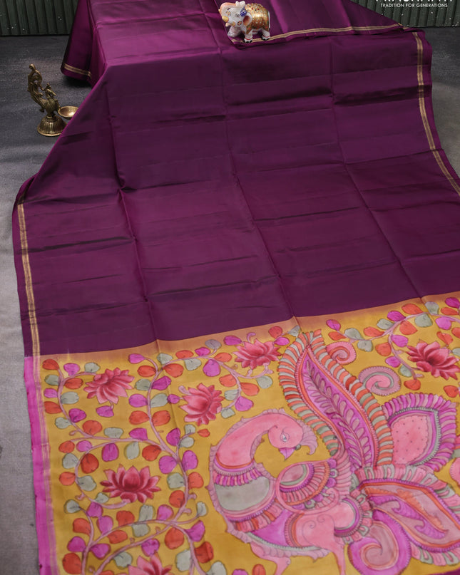 Pure Soft silk saree purple and yellow with plain body and hand painted kalamkari pallu
