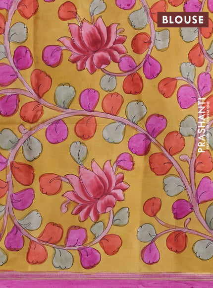 Pure Soft silk saree purple and yellow with plain body and hand painted kalamkari pallu