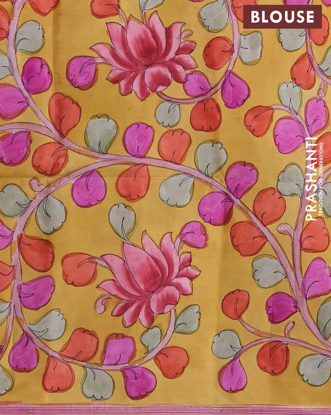 Pure Soft silk saree purple and yellow with plain body and hand painted kalamkari pallu