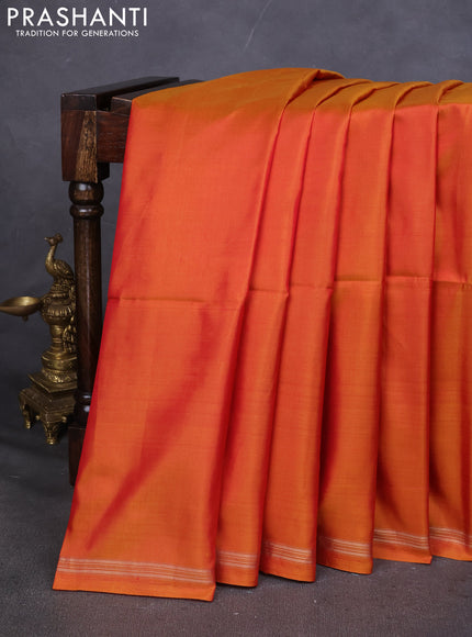 Pure Soft silk saree sunset orange and green with plain body and hand painted kalamkari pallu