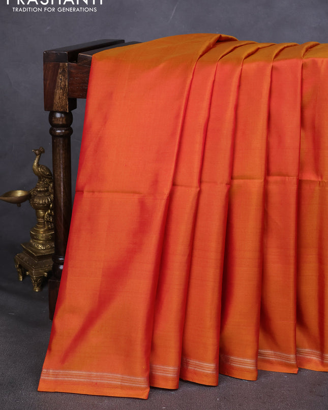 Pure Soft silk saree sunset orange and green with plain body and hand painted kalamkari pallu