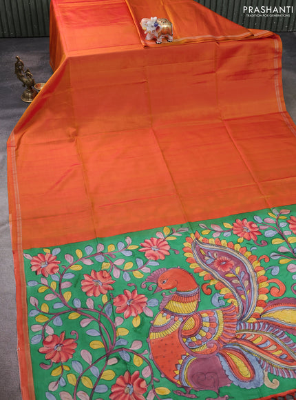 Pure Soft silk saree sunset orange and green with plain body and hand painted kalamkari pallu