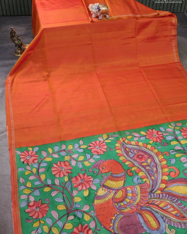 Pure Soft silk saree sunset orange and green with plain body and hand painted kalamkari pallu