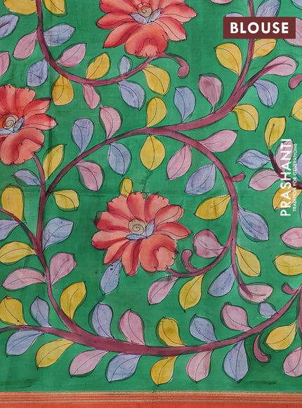 Pure Soft silk saree sunset orange and green with plain body and hand painted kalamkari pallu