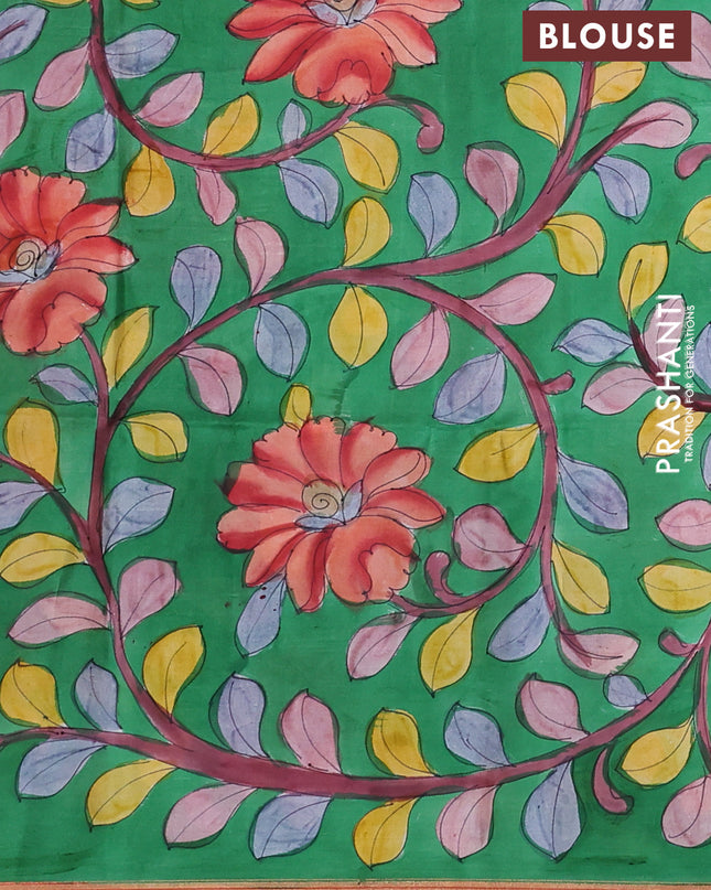Pure Soft silk saree sunset orange and green with plain body and hand painted kalamkari pallu