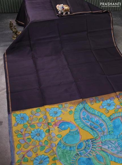 Pure Soft silk saree deep jamun and yellow with plain body and hand painted kalamkari pallu