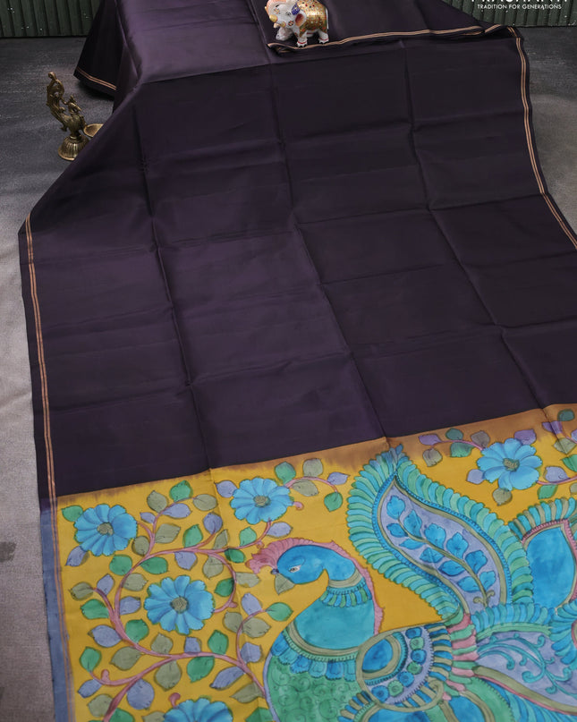 Pure Soft silk saree deep jamun and yellow with plain body and hand painted kalamkari pallu
