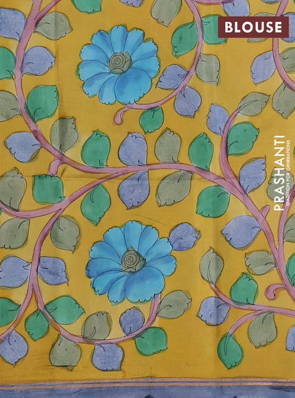 Pure Soft silk saree deep jamun and yellow with plain body and hand painted kalamkari pallu