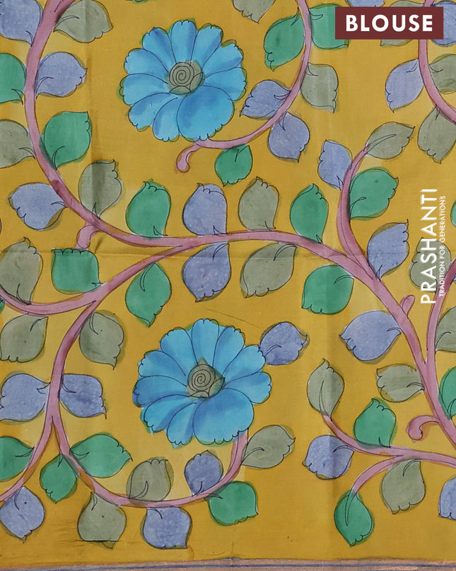 Pure Soft silk saree deep jamun and yellow with plain body and hand painted kalamkari pallu