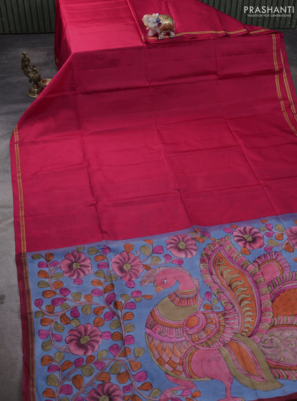 Pure Soft silk saree pink and bluish grey with plain body and hand painted kalamkari pallu