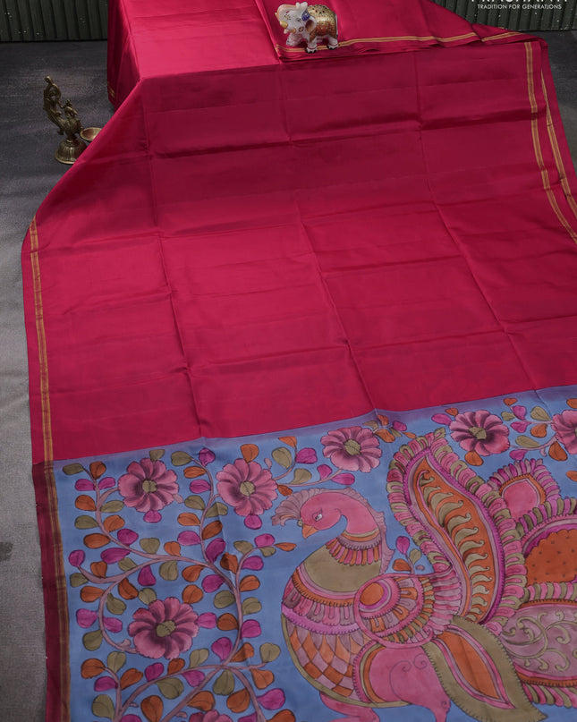 Pure Soft silk saree pink and bluish grey with plain body and hand painted kalamkari pallu