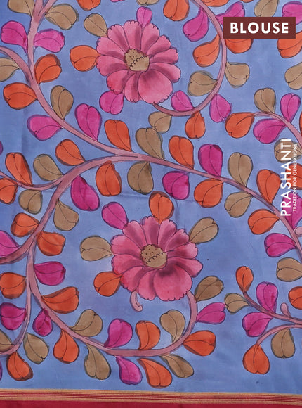 Pure Soft silk saree pink and bluish grey with plain body and hand painted kalamkari pallu