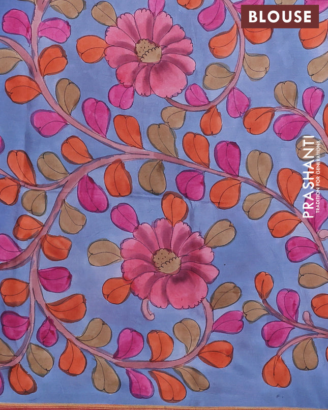Pure Soft silk saree pink and bluish grey with plain body and hand painted kalamkari pallu