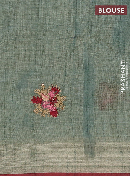 Linen cotton saree green shade and maroon with embroidery buttas and embroidery pallu