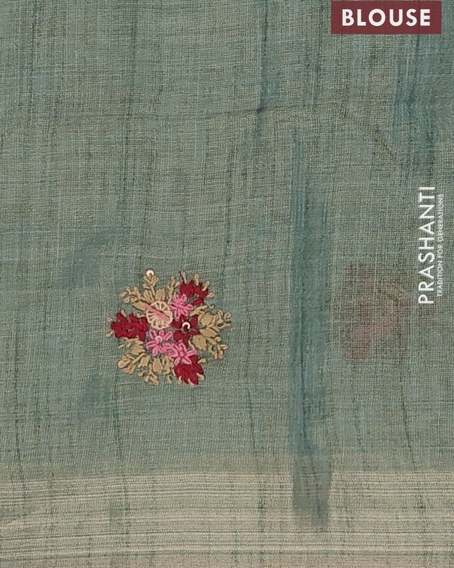 Linen cotton saree green shade and maroon with embroidery buttas and embroidery pallu