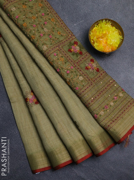 Linen cotton saree mehendi green and maroon with embroidery buttas and embroidery pallu