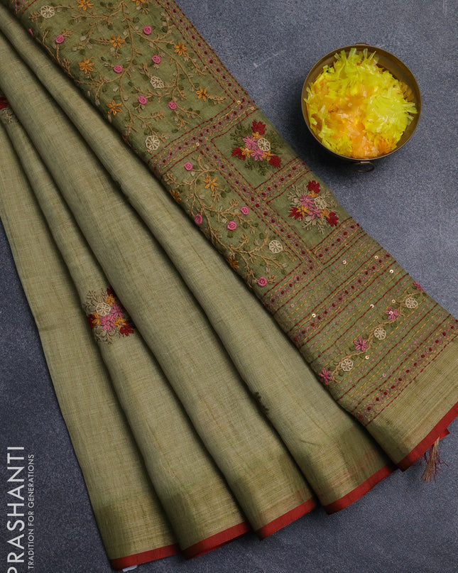 Linen cotton saree mehendi green and maroon with embroidery buttas and embroidery pallu