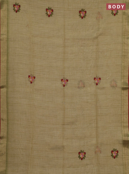 Linen cotton saree mehendi green and maroon with embroidery buttas and embroidery pallu