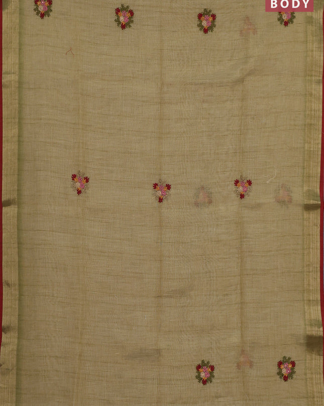 Linen cotton saree mehendi green and maroon with embroidery buttas and embroidery pallu