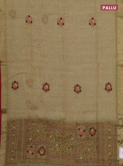 Linen cotton saree mehendi green and maroon with embroidery buttas and embroidery pallu