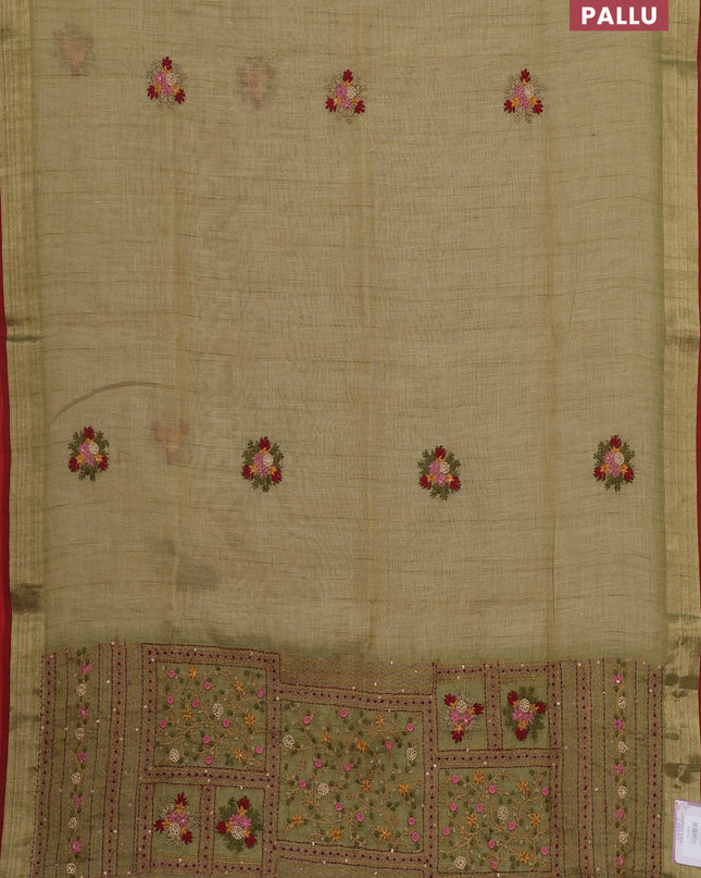 Linen cotton saree mehendi green and maroon with embroidery buttas and embroidery pallu