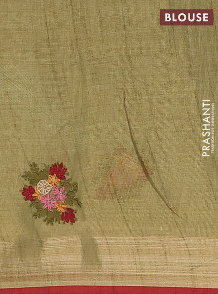 Linen cotton saree mehendi green and maroon with embroidery buttas and embroidery pallu