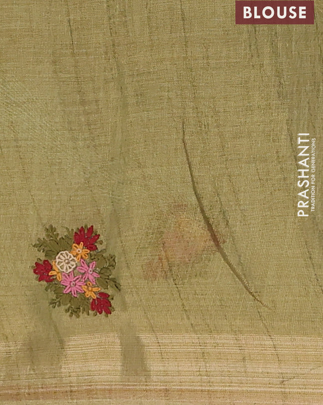 Linen cotton saree mehendi green and maroon with embroidery buttas and embroidery pallu