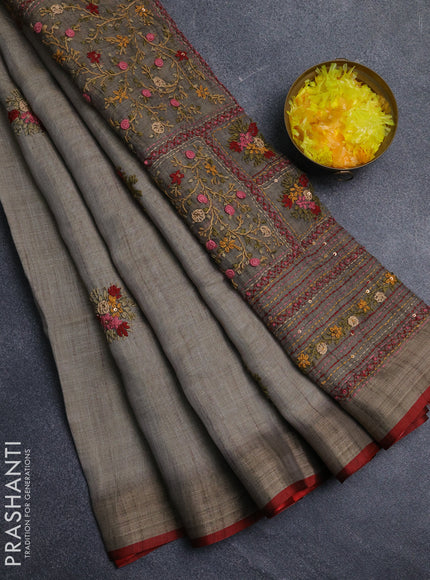 Linen cotton saree grey and maroon with embroidery buttas and embroidery pallu