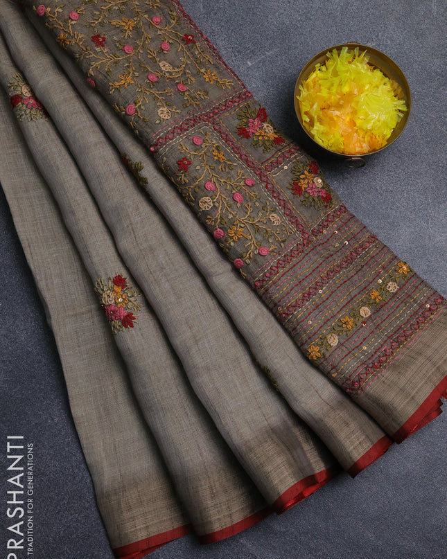 Linen cotton saree grey and maroon with embroidery buttas and embroidery pallu