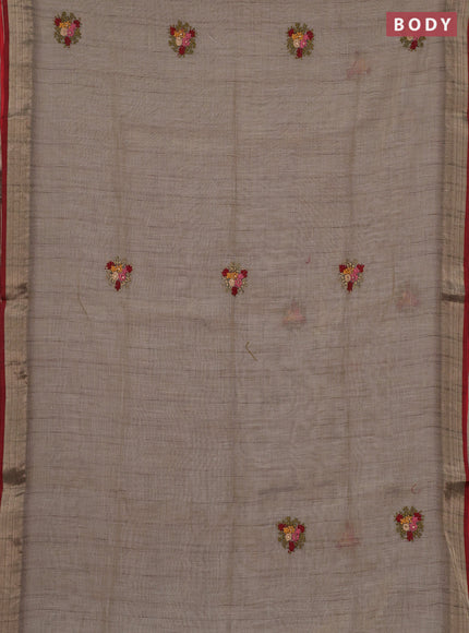 Linen cotton saree grey and maroon with embroidery buttas and embroidery pallu