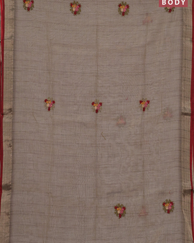 Linen cotton saree grey and maroon with embroidery buttas and embroidery pallu