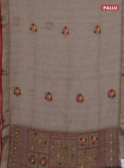 Linen cotton saree grey and maroon with embroidery buttas and embroidery pallu