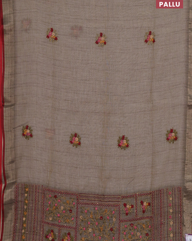 Linen cotton saree grey and maroon with embroidery buttas and embroidery pallu