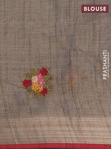 Linen cotton saree grey and maroon with embroidery buttas and embroidery pallu