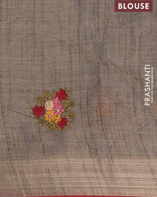 Linen cotton saree grey and maroon with embroidery buttas and embroidery pallu
