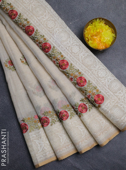 Linen cotton saree cream with embroidery buttas and embroidery pallu