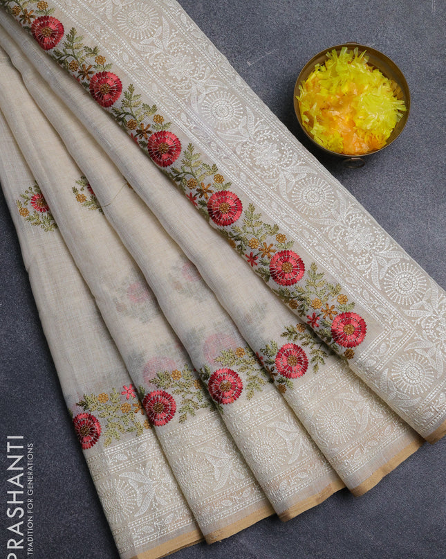 Linen cotton saree cream with embroidery buttas and embroidery pallu