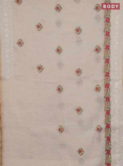 Linen cotton saree cream with embroidery buttas and embroidery pallu