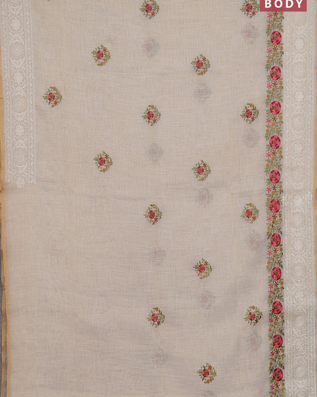 Linen cotton saree cream with embroidery buttas and embroidery pallu
