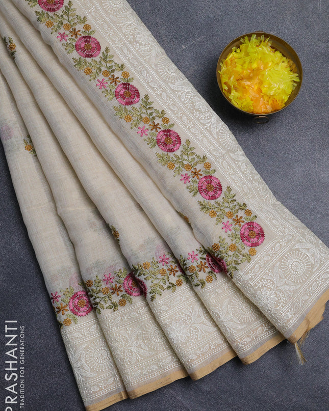 Linen cotton saree cream with embroidery buttas and embroidery pallu